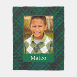Green Gingham Plaid Pattern Custom Photo Boy Fleece Blanket