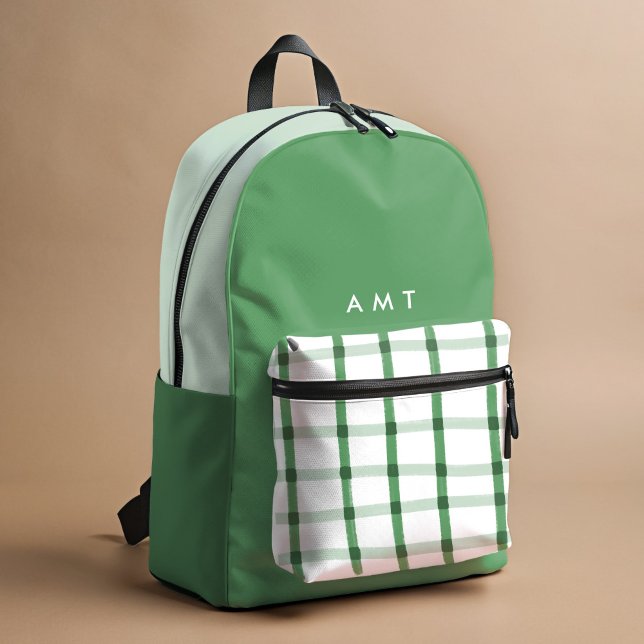 Green Gingham Plaid Personalized Name Initials Printed Backpack (Green and white hand-drawn plaid personalized school backpack.)