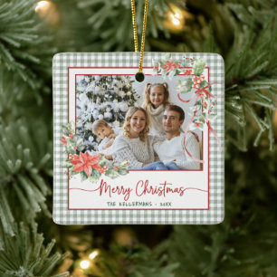 Green Gingham Plaid Photo Merry Christmas Ceramic Ornament
