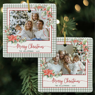 Green Gingham Plaid Photo Merry Christmas Ceramic Ornament