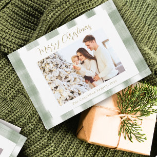 Green Gingham Plaid Watercolor Photo Christmas Holiday Card
