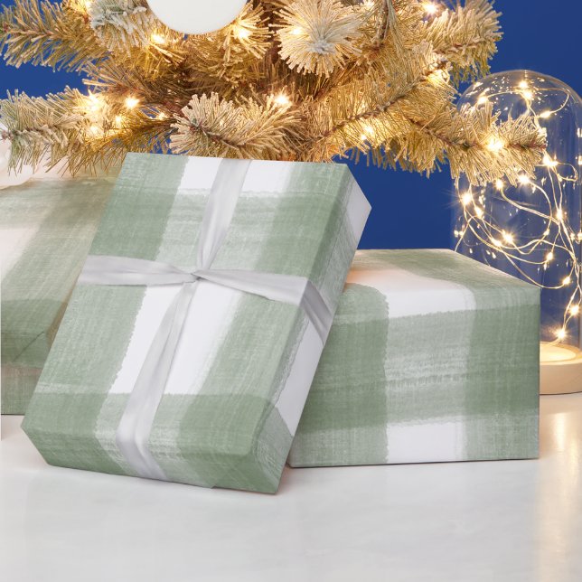 Green Gingham Plaid Watercolor Photo Christmas Wrapping Paper (Holidays)