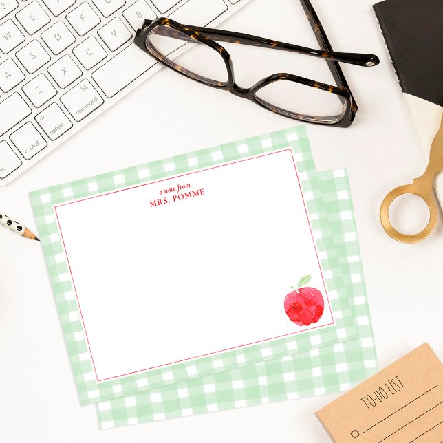 Green Gingham Red Apple Teacher Card (Rustic Green Gingham with Watercolor Apple Note Card on desktop)