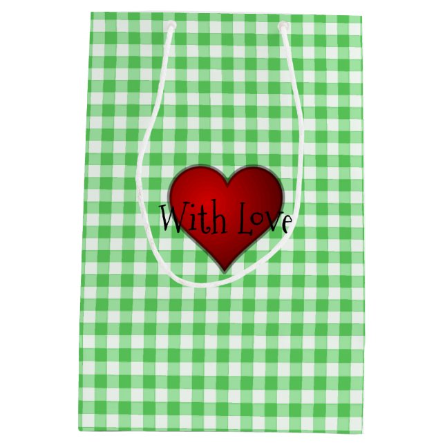 Green Gingham Red heart With Love Medium Gift Bag (Back)