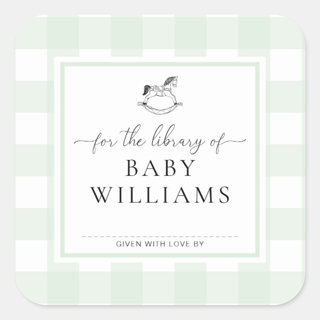 Green Gingham Rocking Horse Library Of Bookplate Square Sticker (Front)