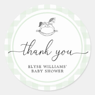 Green Gingham Rocking Horse Shower Favor Sticker