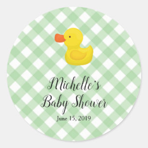 Green Gingham Rubber Duckie Baby Shower  Classic Round Sticker