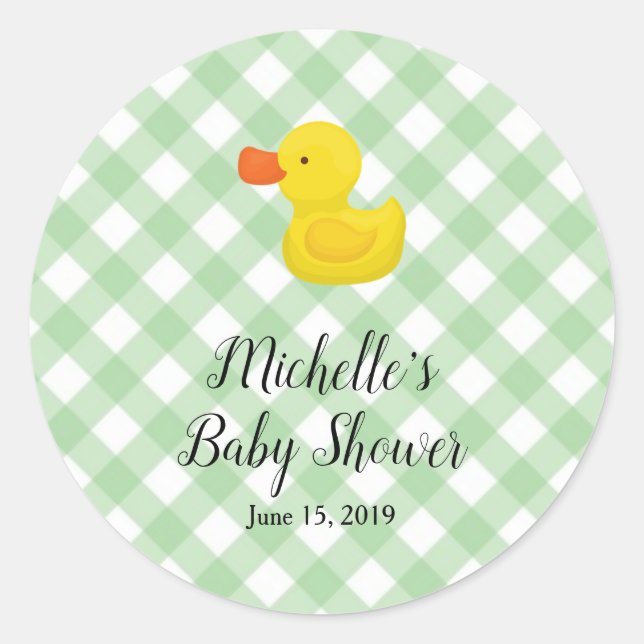 Green Gingham Rubber Duckie Baby Shower  Classic Round Sticker (Front)