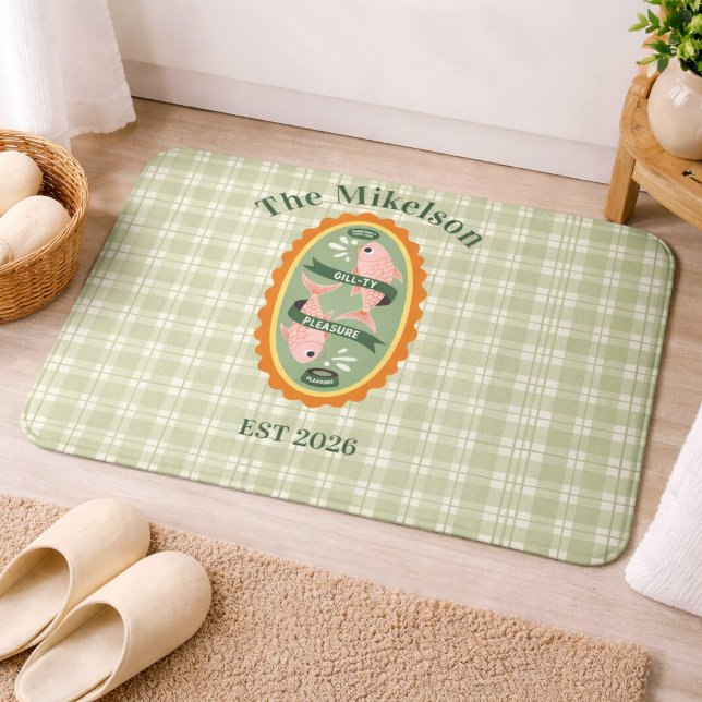 Green Gingham Sardines Custom Family Name Bath Mat (Creator Uploaded)
