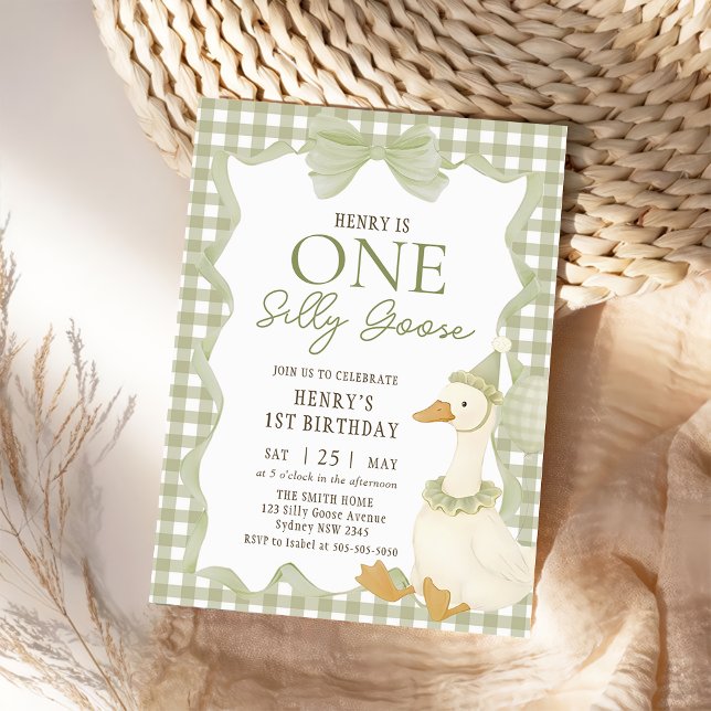 Green Gingham Silly Goose 1st Birthday Invitation (Creator Uploaded)