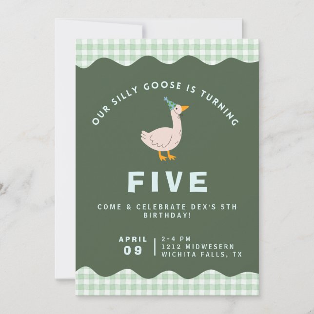 Green Gingham Silly Goose Birthday Invitation (Front)