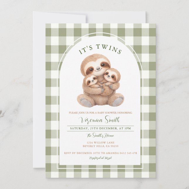 Green Gingham Twin Sloth Baby Shower Invitation (Front)