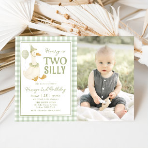 Green Gingham Two Silly Goose Birthday Invitation