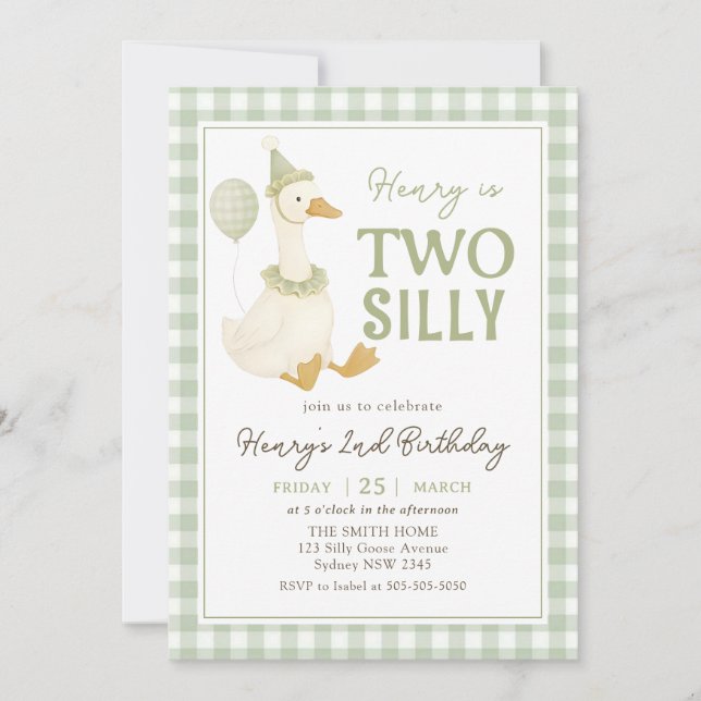 Green Gingham Two Silly Goose Birthday Invitation (Front)