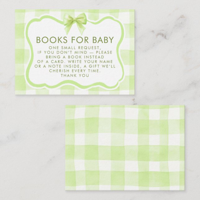 Green Gingham Wavy Frame Bow Books For Baby Enclosure Card (Front/Back)