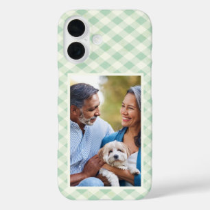 Green Gingham with Your Framed Photo iPhone 16 Case