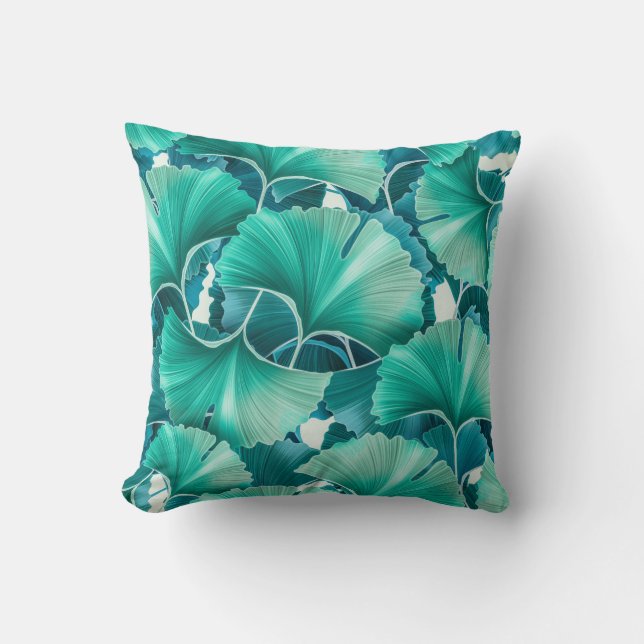 Green ginkgo biloba illustration pattern throw pillow (Front)