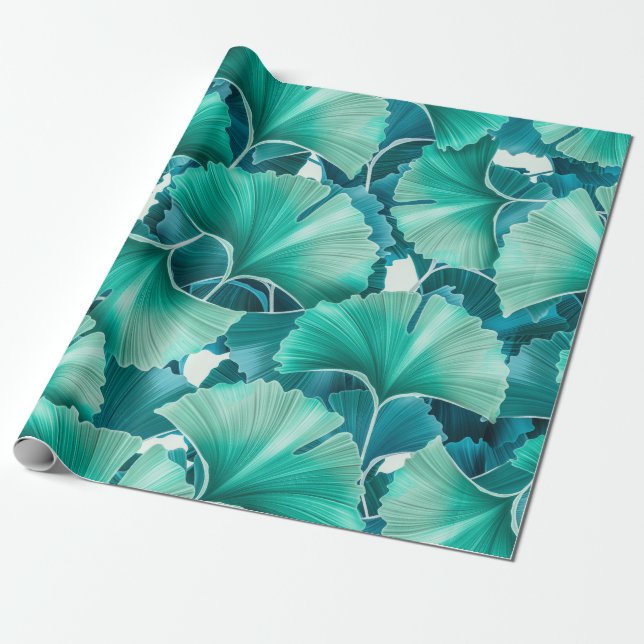 Green ginkgo biloba illustration pattern wrapping paper (Unrolled)