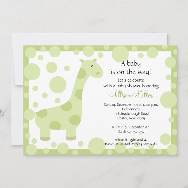 Green Giraffe Baby Shower Invitation (Front)