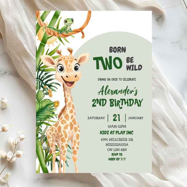 Green Giraffe Born Two Wild Safari Second Birthday Invitation (Creator Uploaded)