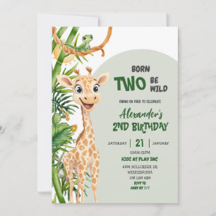Green Giraffe Born Two Wild Safari Second Birthday Invitation