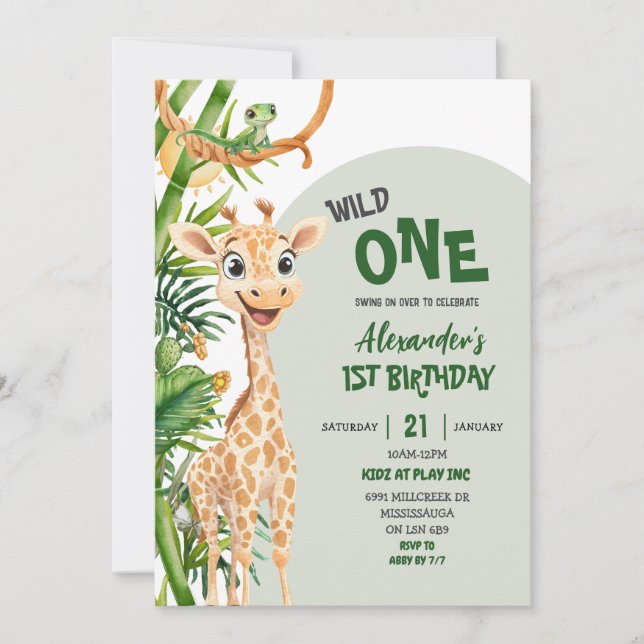 Green Giraffe Wild One Safari First Birthday Invitation (Front)
