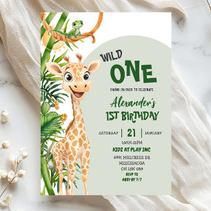 Green Giraffe Wild One Safari First Birthday Invitation