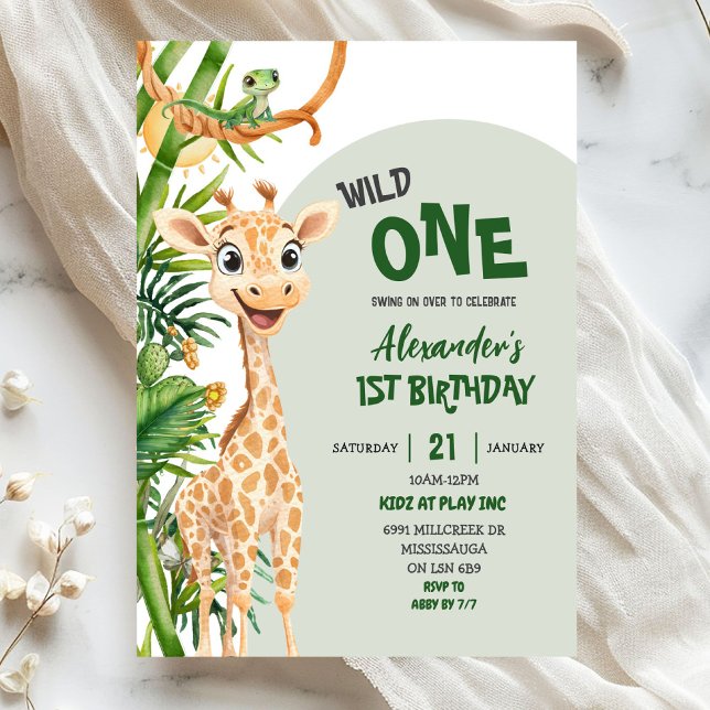 Green Giraffe Wild One Safari First Birthday Invitation (Creator Uploaded)