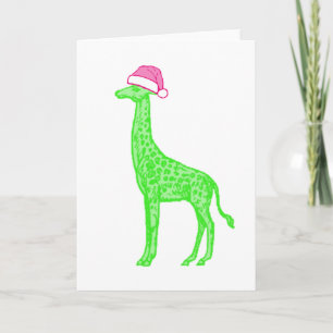 Green Giraffe with Pink Santa Hat Card