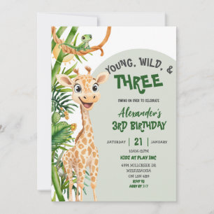 Green Giraffe Young Wild Three Third Birthday Invitation