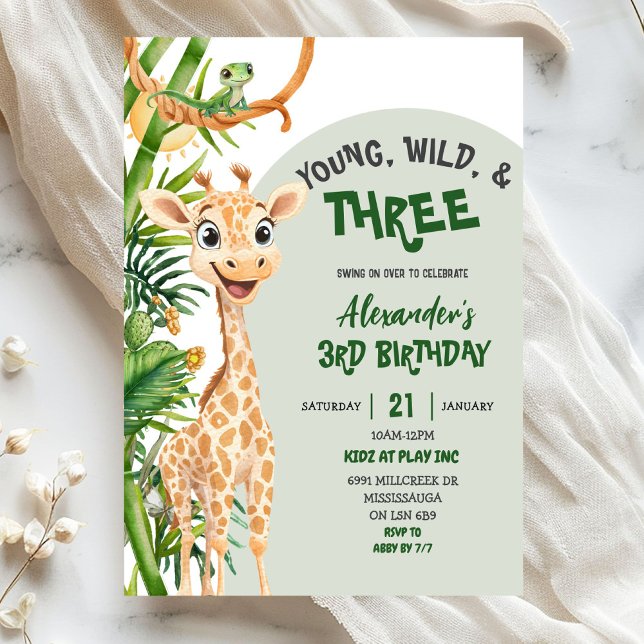 Green Giraffe Young Wild Three Third Birthday Invitation (Creator Uploaded)