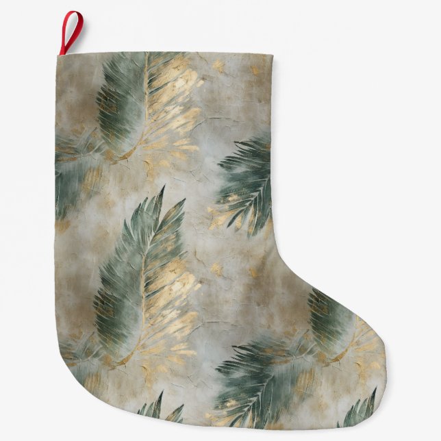 Green Glam Chic Gold White Tropical Leaves Large Christmas Stocking (Front)