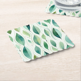 Green Glam Gold Leaves Abstract Paper Coaster