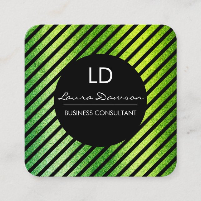 Green Glamour Monogram Circle and Stripes Square Business Card (Front)
