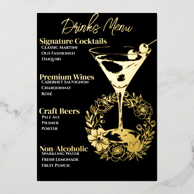 Green Glamourous Gold-Foiled Beverage Menu (Front)