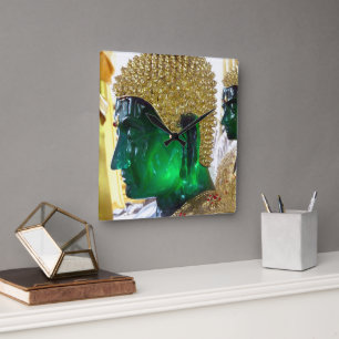 Green Glass Buddhas at a new temple, Thailand.  Square Wall Clock