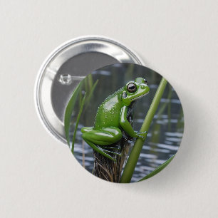 Green Glass Frog On Reeds At The River, 2 Inch Round Button