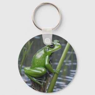 Green Glass Frog On Reeds At The River, Keychain