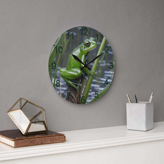 Green Glass Frog On Reeds At The River, Large Clock (Office)