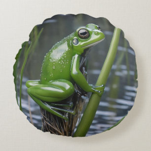 Green Glass Frog On Reeds At The River, Round Pillow