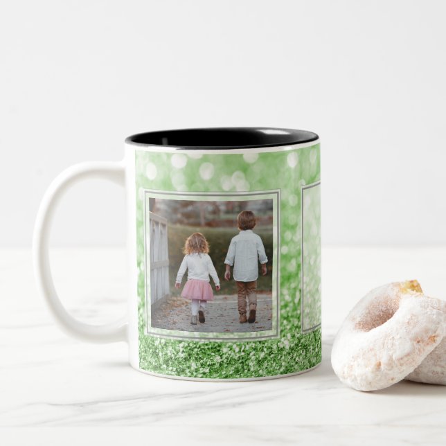 Green Glitter 2 Pictures w/Text Design Your Own Two-Tone Coffee Mug (With Donut)