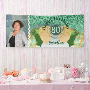 Green Glitter 80th Birthday & Balloons Banner