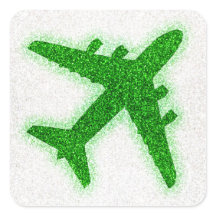 Green glitter airplane round sticker labels