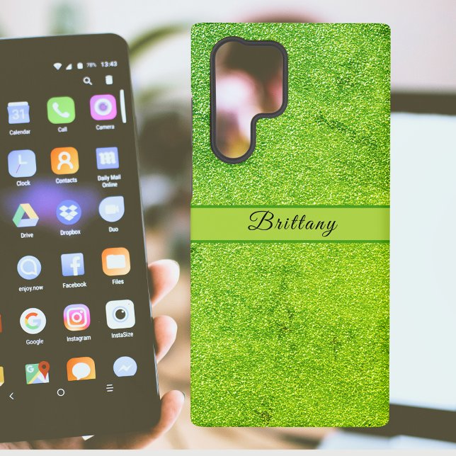 Green Glitter Artsy Abstract Add Name Samsung Galaxy S22 Ultra Case (Green Glitter Artsy Abstract Add Name Samsung Galaxy Case)