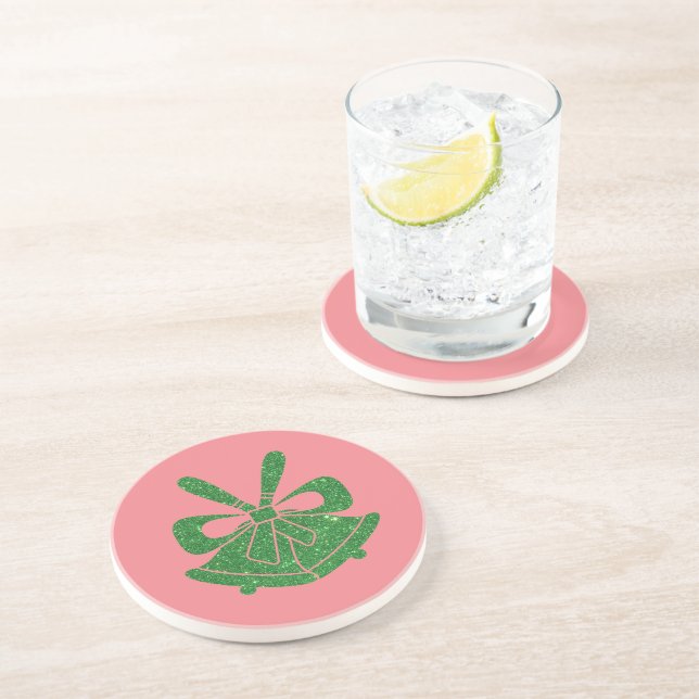 Green Glitter Bells on Pink Holiday  Coaster (Side)
