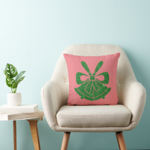 Green Glitter Bells on Pink Holiday  Throw Pillow