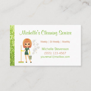 Green Glitter Cartoon Maid House Cleaning Service Business Card
