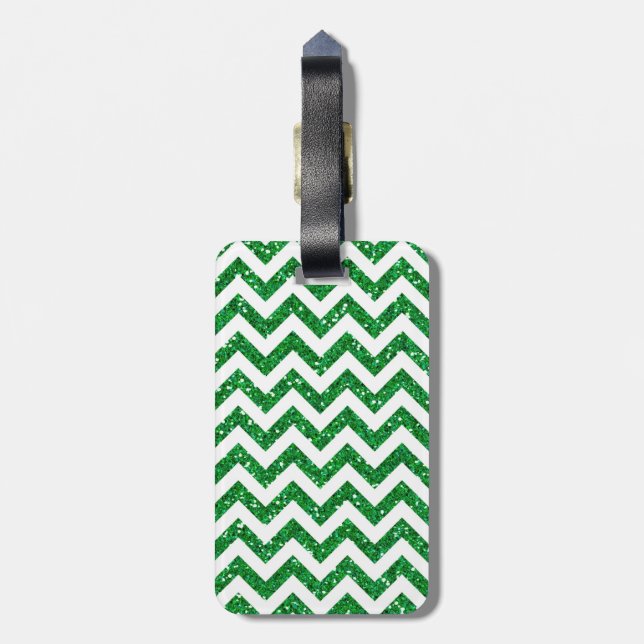 Green Glitter Chevron Pattern Luggage Tag (Back Vertical)