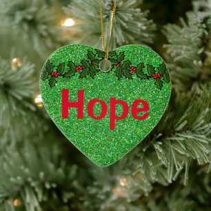 Green Glitter Christmas Hope - Custom Text Ceramic Ornament