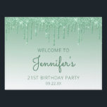Green Glitter Drip 21st Birthday Party Garden Sign<br><div class="desc">Welcome guests to her drive-by 21st birthday party with this chic yard sign,  featuring a sparkly green faux glitter drip border and green ombre background. Personalize it with the guest of honour's name in green handwriting script,  with her birthday and date below in sans serif font.</div>